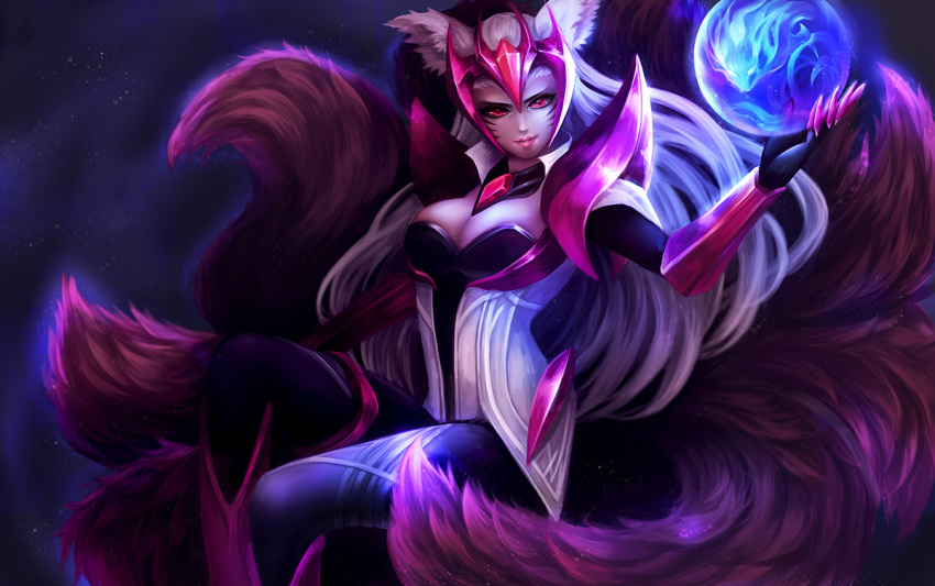 1girl ahri animal_ears bodysuit breasts cleavage fox_ears fox_tail large_breasts league_of_legends ling_(vivianling) looking_at_viewer multiple_tails red_eyes silver_hair solo tail