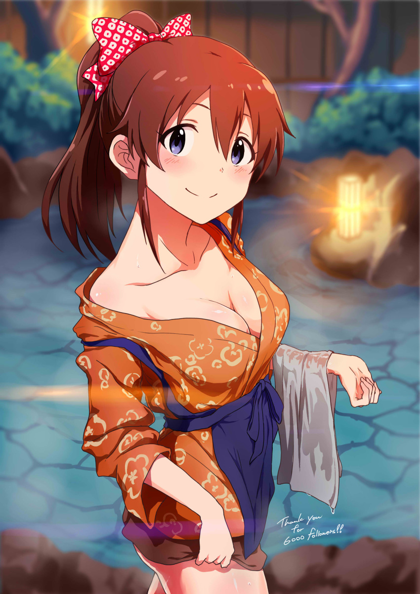 1girl absurdres ayano_yuu_(sonma_1426) blue_eyes breasts brown_hair cleavage collarbone highres idolmaster idolmaster_million_live! long_hair onsen ponytail satake_minako smile solo