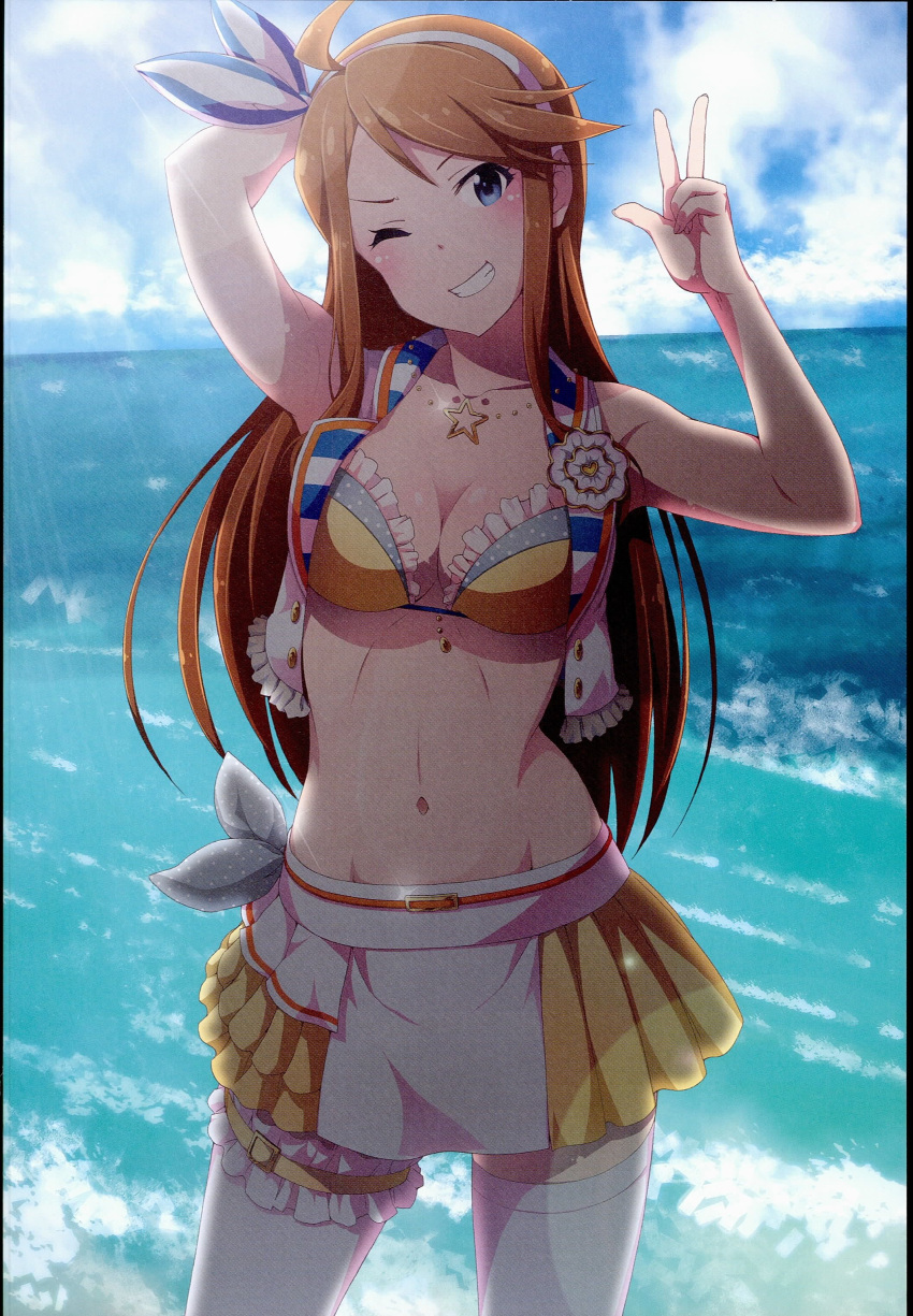 1girl absurdres bikini blue_eyes breasts brown_hair cleavage highres idolmaster idolmaster_million_live! kabayaki_unagi long_hair one_eye_closed open_mouth scan scan_artifacts skirt smile solo swimsuit tokoro_megumi