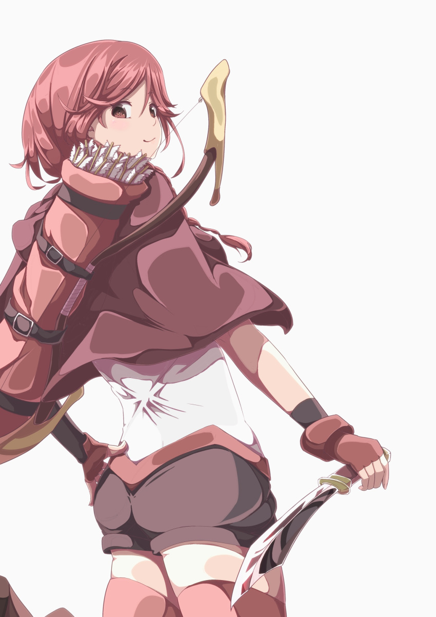 1girl arrow bow_(weapon) braid cape cowboy_shot dagger fingerless_gloves from_behind gloves hai_to_gensou_no_grimgar hand_on_hip highres knife looking_back migimaki_(migi_mawashi) quiver red_eyes red_legwear redhead shorts simple_background single_braid smile solo thigh-highs weapon yume_(grimgar) zettai_ryouiki
