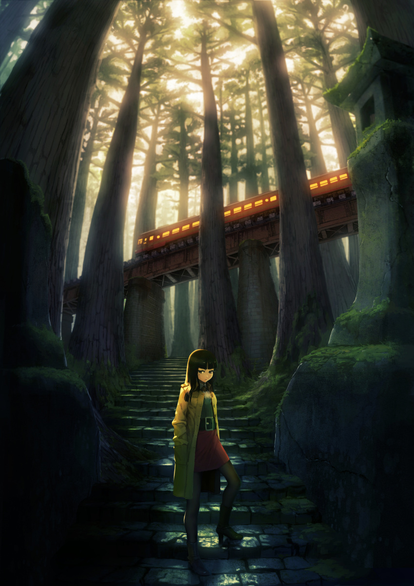 1girl absurdres black_eyes black_hair boots coat forest hands_in_pockets high_heel_boots high_heels highres long_hair looking_at_viewer mole mole_under_eye moss nature pantyhose railroad_tracks rias-coast stairs train tree