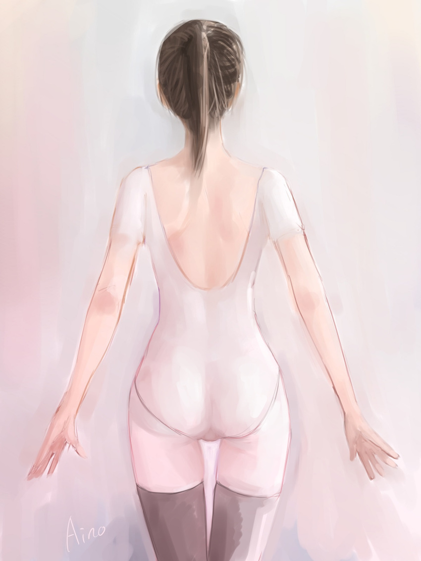 1girl ass back black_legwear brown_hair facing_away from_behind highres leotard mmelica nape original pink_background ponytail realistic short_hair short_sleeves shoulder_blades signature sketch solo thigh-highs thigh_gap