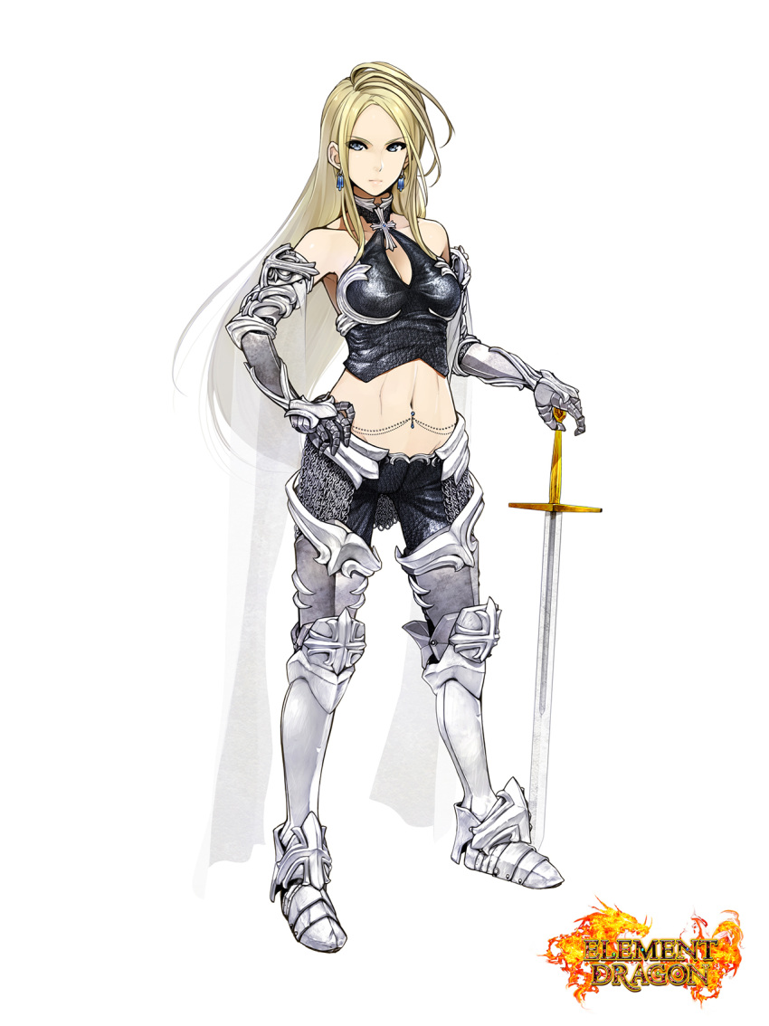 1girl black_shirt blonde_hair blue_eyes boots breasts brooch chain chainmail character_request choker cleavage copyright_name cross cross_brooch cross_motif earrings elaborate_armor element_dragon fantasy female filigree gauntlets greaves halterneck hand_on_hilt hand_on_hip highres jewelry logo long_hair looking_at_viewer midriff navel navel_piercing pants piercing planted_sword planted_weapon poaro shirt simple_background solo sword veil very_long_hair weapon white_background