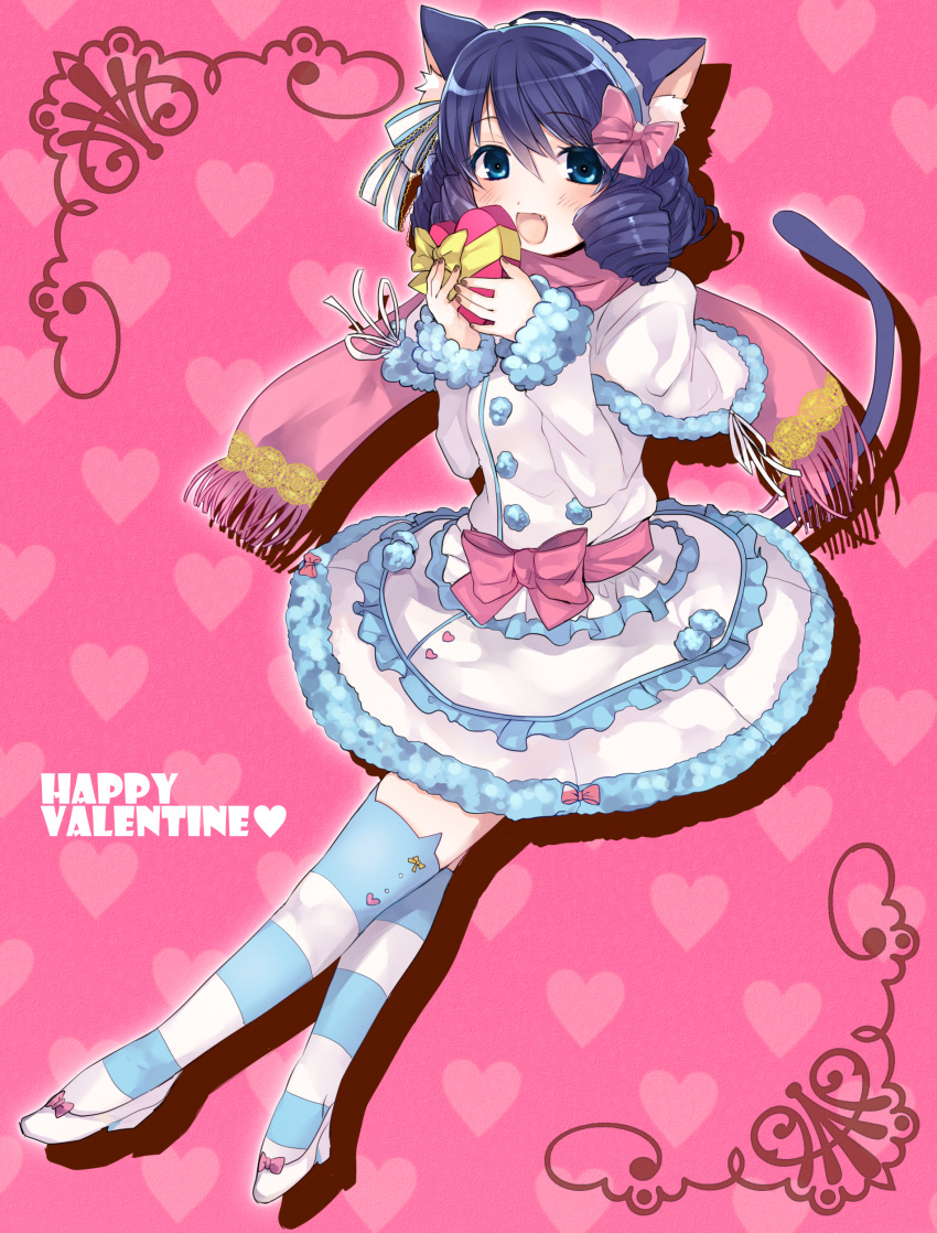 1girl absurdres animal_ears bangs blue_eyes blue_hair blush bow box_of_chocolates cat_ears cat_tail curly_hair cyan_(show_by_rock!!) dress fang headband heart heart-shaped_box highres open_mouth pink_bow pink_scarf ribbon scarf short_hair show_by_rock!! solo striped striped_legwear tail thigh-highs valentine