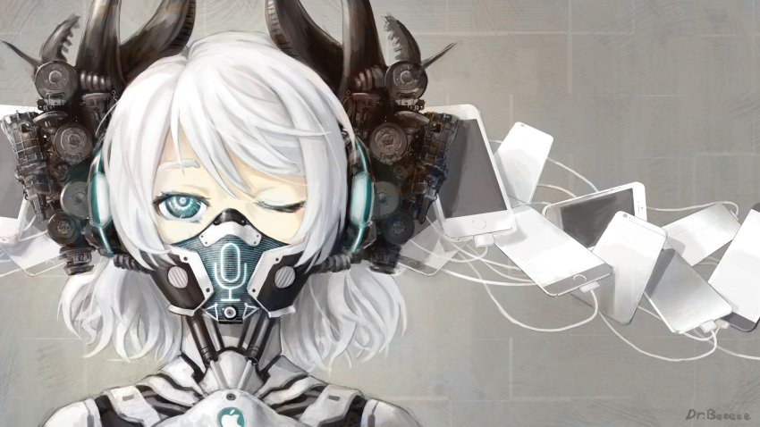 1girl apple_inc. black_eyes cable cellphone dr.beeeee headphones highres horns iphone mask one_eye_closed personification phone short_hair siri smartphone solo white_hair