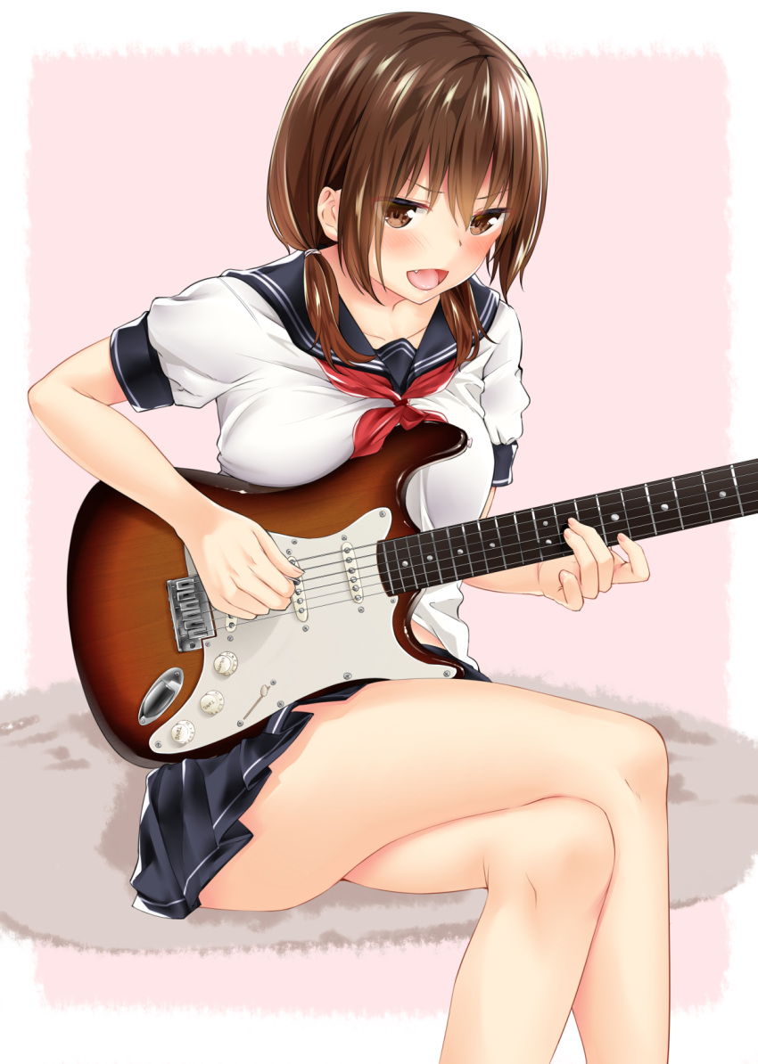 1girl :d blush brown_eyes brown_hair crossed_legs electric_guitar fang guitar highres instrument looking_at_viewer mujakuma open_mouth original pleated_skirt school_uniform short_twintails sitting skirt smile solo twintails