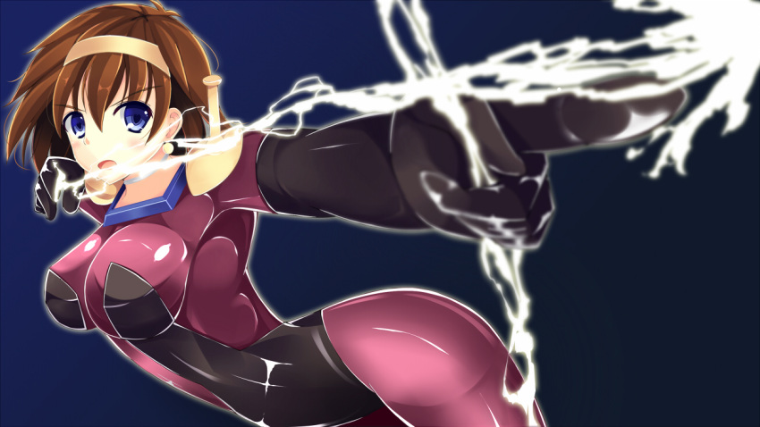 1girl blue_background blue_eyes blush bodysuit bow_(weapon) breasts brown_hair earrings electricity g_gundam gundam hairband jewelry mobile_trace_suit rain_mikamura short_hair skin_tight solo weapon youkan_(mattya_youkan)