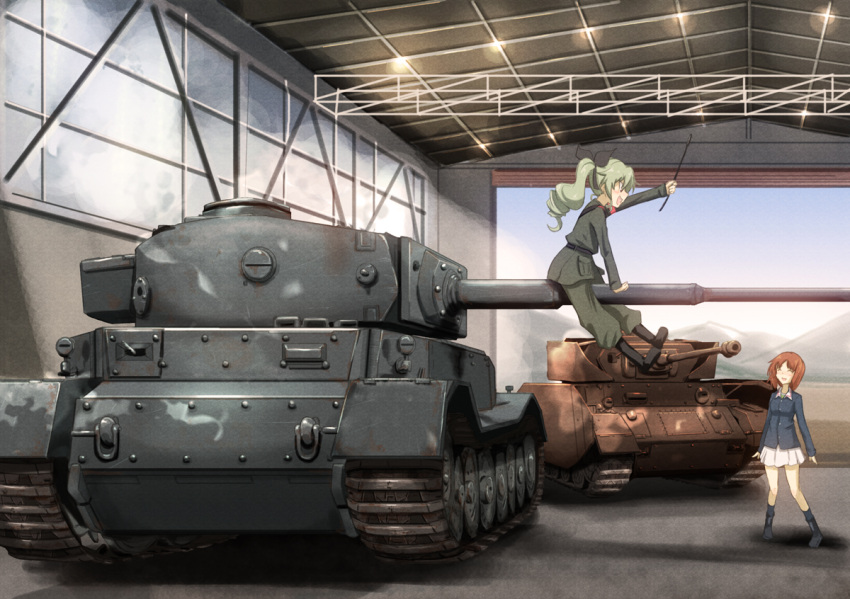 2girls anchovy arm_up blush boots brown_hair closed_eyes commentary_request female garage girls_und_panzer grey_hair hair_ribbon jingle_(4839ms) military military_uniform military_vehicle multiple_girls nishizumi_miho open_mouth panzerkampfwagen_iv ribbon school_uniform sitting skirt smile tank tiger_(p) vehicle