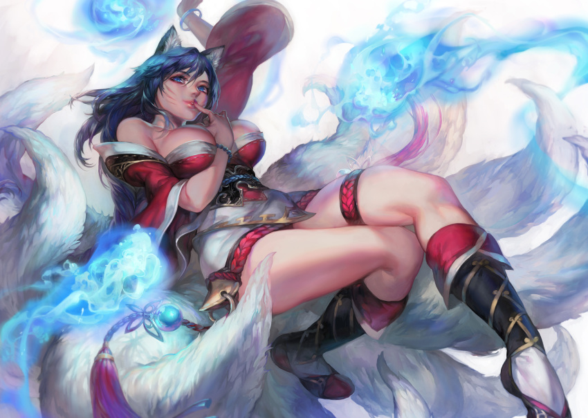 1girl ahri animal_ears aoin bare_shoulders black_hair blue_eyes bracelet breasts facial_mark finger_to_mouth fox_ears fox_tail highres jewelry large_breasts league_of_legends legs multiple_tails solo tail thighs
