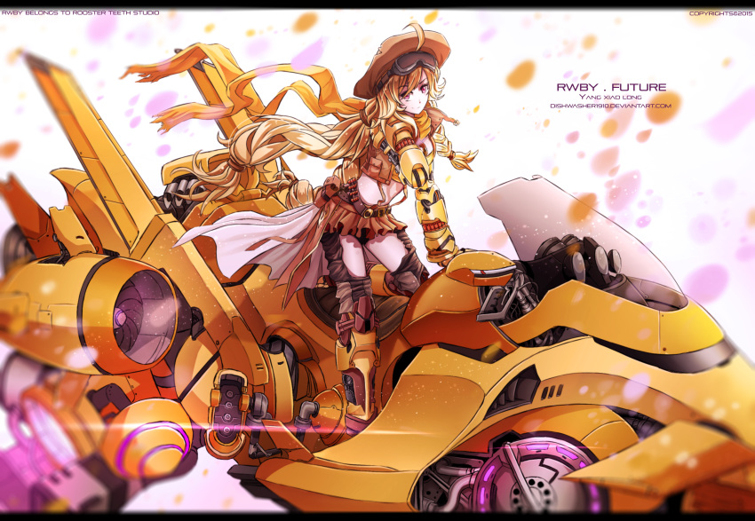 alternate_costume blonde_hair dishwasher1910 goggles goggles_on_head hat highres long_hair mechanical_arm midriff motor_vehicle motorcycle ponytail red_eyes rwby tagme vehicle very_long_hair yang_xiao_long