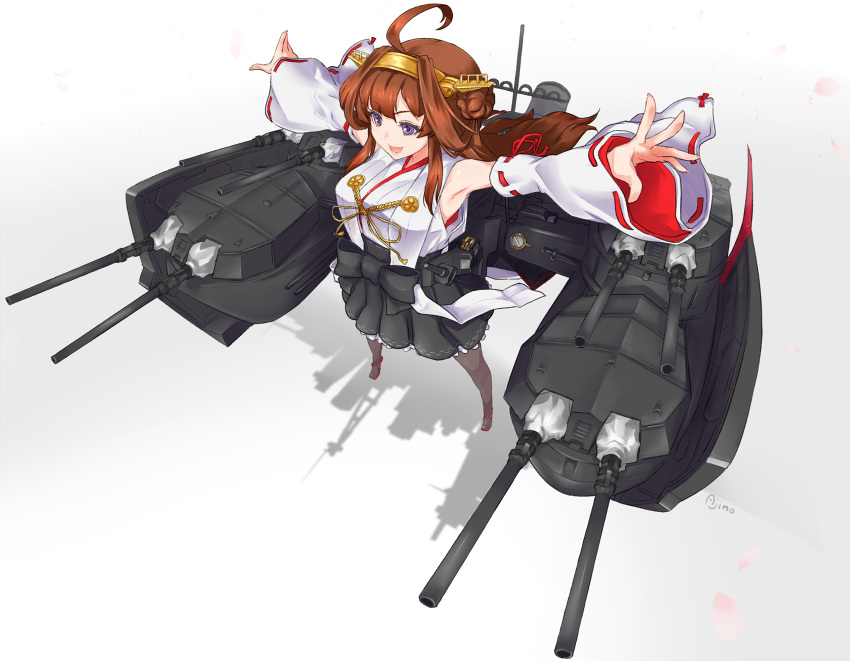 1girl ahoge ajino_(sakanahen) armpits artist_name bare_shoulders black_skirt boots breasts brown_boots brown_hair cannon detached_sleeves double_bun from_above hairband headgear highres japanese_clothes kantai_collection kongou_(kantai_collection) large_breasts long_hair machinery nontraditional_miko open_mouth outstretched_arms petals pleated_skirt radio_antenna remodel_(kantai_collection) ribbon ribbon-trimmed_sleeves ribbon_trim shadow skirt standing thigh-highs thigh_boots turret violet_eyes