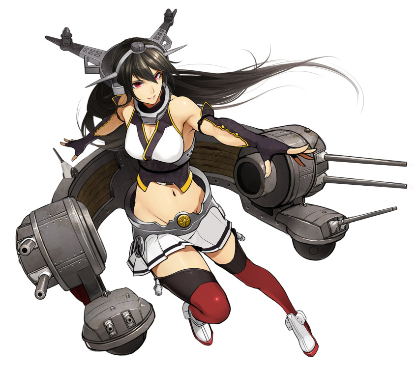 1girl black_gloves black_hair breasts cleavage cleavage_cutout dot_triangle elbow_gloves eyelashes fingerless_gloves fingernails gloves hair_blowing headgear kantai_collection lips mecha_musume nagato_(kantai_collection) navel no_panties outstretched_arms poaro red_eyes red_legwear simple_background skirt solo thigh-highs white_background