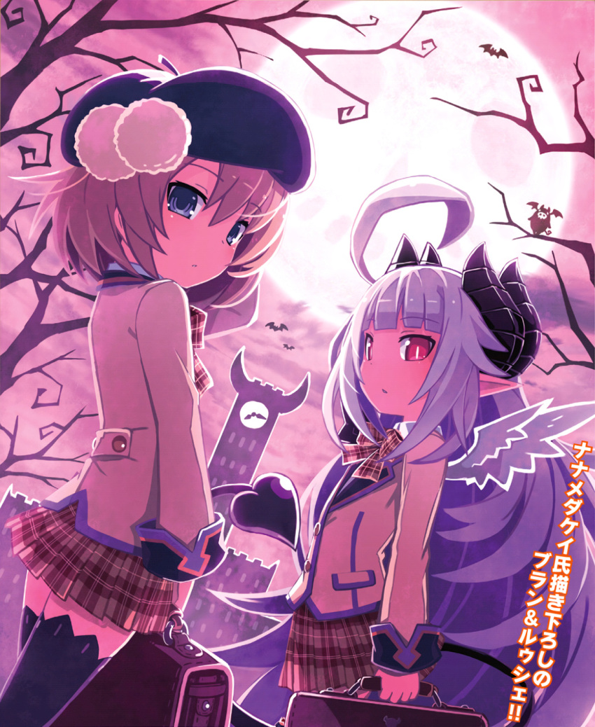 2girls ahoge angel_wings blue_eyes briefcase bright_pupils brown_hair character_request clock clock_tower demon_tail dutch_angle full_moon hat highres horns lavender_hair long_sleeves looking_at_viewer makai_shin_trillion moon multiple_girls nanameda_kei night official_art outdoors plaid plaid_skirt pleated_skirt red_eyes ruche school_uniform short_hair skirt tail thigh-highs tower wings