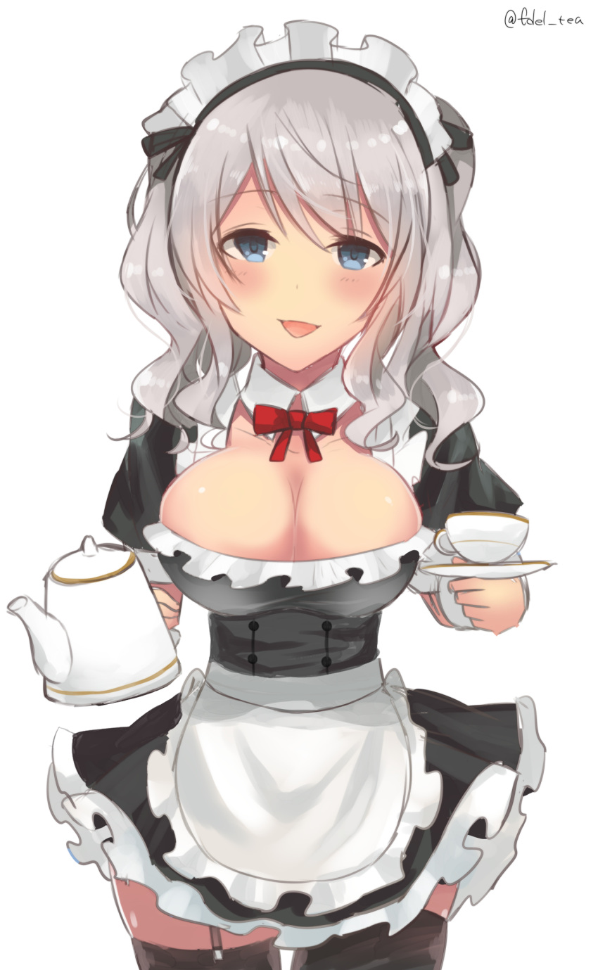 1girl alternate_costume apron black_dress black_legwear blue_eyes breasts choker cleavage_cutout cup dress edel_(edelcat) enmaided garter_straps highres kantai_collection kashima_(kantai_collection) large_breasts looking_at_viewer maid maid_headdress open_mouth ribbon_choker short_dress silver_hair teacup thigh-highs twintails waist_apron zettai_ryouiki