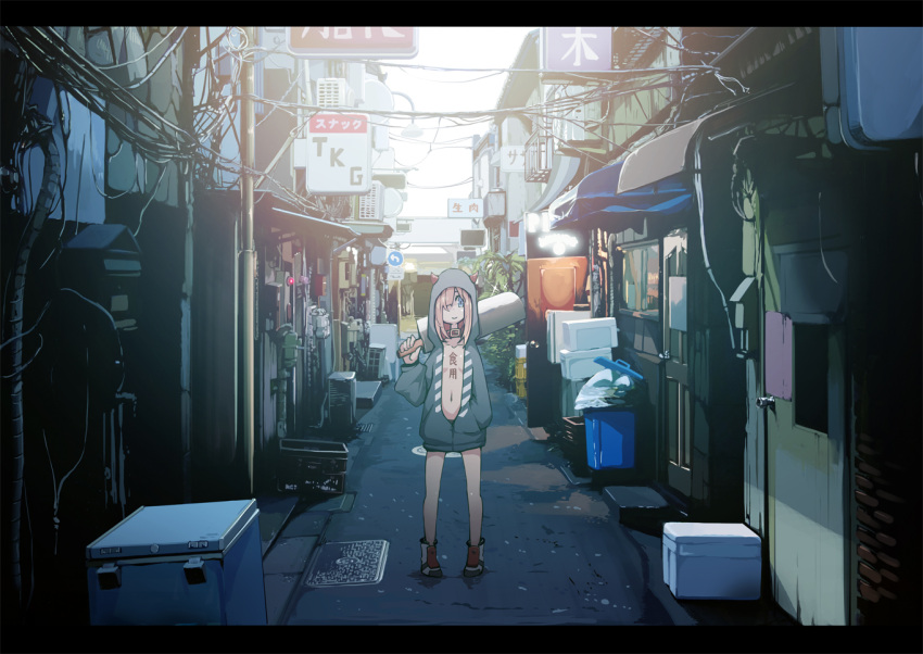 1girl alley blue_eyes breasts city cleavage collar commentary_request hand_in_pocket hood hoodie looking_at_viewer navel original outdoors pink_hair road shoes sign smile sneakers solo street sword takagi_(tansuke) tansuke unzipped weapon