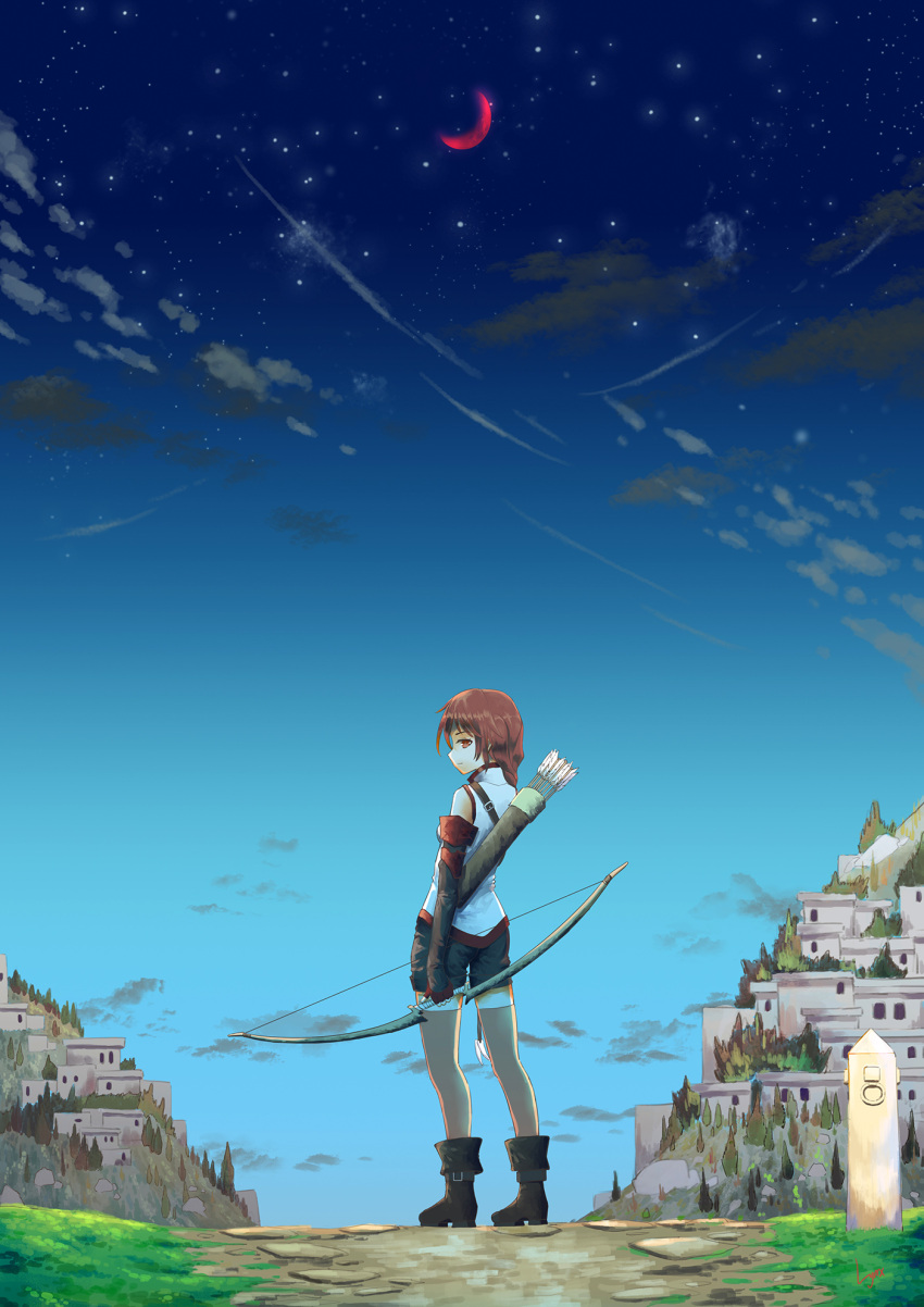 1girl boots bow clouds from_behind hai_to_gensou_no_grimgar highres house landscape looking_back lynx_(1991deathknight) moon night night_sky outdoors path quiver red_eyes red_moon redhead road shorts sky solo star_(sky) thigh-highs town tree twilight yume_(grimgar) zettai_ryouiki
