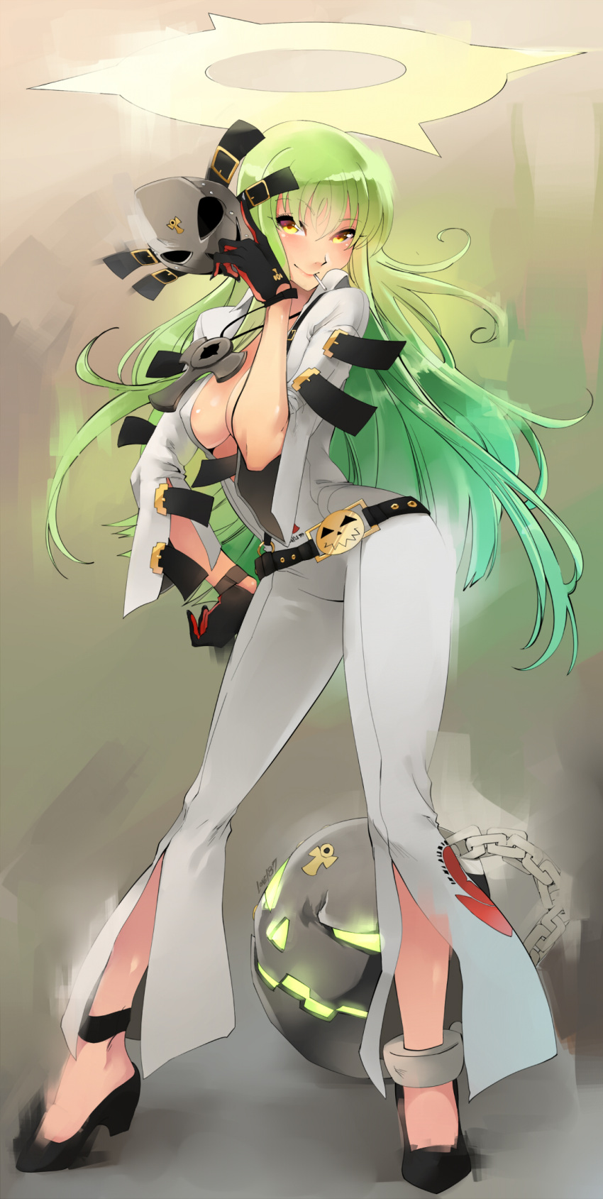 1girl anklet ball_and_chain_restraint belt breasts c.c. candy center_opening cleavage code_geass contrapposto cosplay full_body gloves green_hair guilty_gear guilty_gear_xrd halo hand_on_hip highres jack-o_(guilty_gear) jack-o_(guilty_gear)_(cosplay) jewelry kenshin187 lollipop long_hair mask mask_removed mouth_hold open_clothes pumps solo yellow_eyes