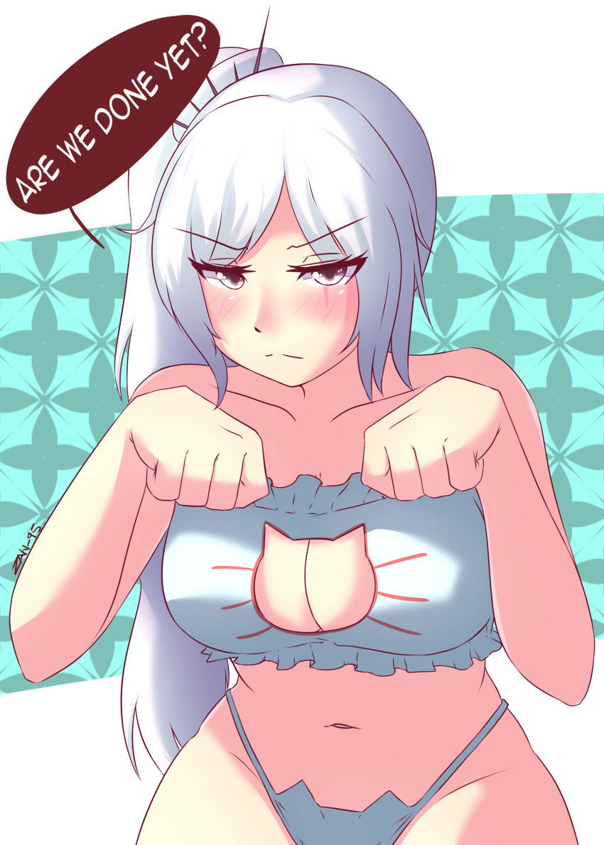 1girl absurdres blush bra breasts cat_cutout cat_ear_panties cat_lingerie cleavage cleavage_cutout english highres long_hair looking_at_viewer nas_(z666ful) navel panties paw_pose ponytail rwby scar scar_across_eye side_ponytail signature solo speech_bubble tiara underwear underwear_only upper_body weiss_schnee white_hair