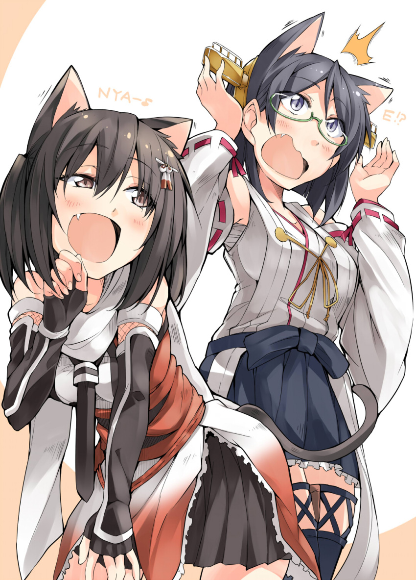 2girls animal_ears bandages bare_shoulders bibi black_hair blush boots breasts brown_eyes brown_hair cat_ears cat_tail commentary_request detached_sleeves elbow_gloves fang fingerless_gloves glasses gloves green-framed_glasses hair_ornament hairband headgear highres japanese_clothes kantai_collection kemonomimi_mode kirishima_(kantai_collection) leaning leaning_forward multiple_girls nontraditional_miko open_mouth pleated_skirt remodel_(kantai_collection) ribbon-trimmed_sleeves ribbon_trim sarashi scarf school_uniform sendai_(kantai_collection) serafuku short_hair skirt surprised tail thigh-highs thigh_boots two_side_up white_scarf wide_sleeves
