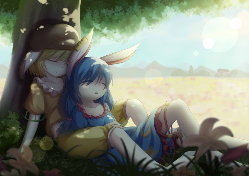 2girls absurdres against_tree animal_ears baggy_shorts blonde_hair blue_dress blue_hair blue_sky closed_eyes clouds collarbone dappled_sunlight dior-zi dress flower hat highres house lap_pillow lens_flare multiple_girls open_mouth rabbit_ears ringo_(touhou) seiran_(touhou) shirt sitting sky sleeping smile sunlight touhou tree yuri