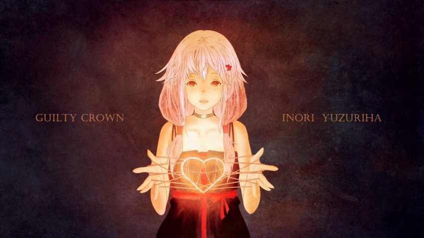 1girl bare_shoulders cat's_cradle character_name choker copyright_name dress goroku_jp guilty_crown hair_ornament hairclip long_hair looking_at_viewer open_mouth pink_hair red_eyes smile solo string twintails yuzuriha_inori
