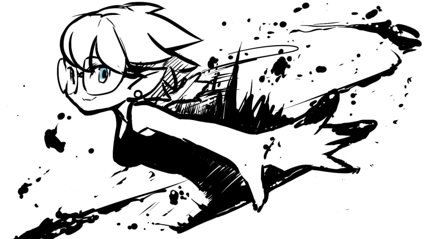 1girl blue_eyes character_request dress earrings from_side highres ink jewelry leaning_forward looking_at_viewer monochrome outstretched_arms poaro pointy_ears short_hair simple_background solo splashing splatoon spot_color white_background