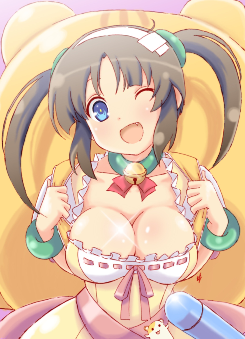 ;d backpack bag bell bell_choker blue_eyes breasts brown_hair choker cleavage collarbone dress fang green_choker hamster highres large_breasts looking_at_viewer minori_(senran_kagura) one_eye_closed open_mouth ribbon-trimmed_clothes ribbon_trim senran_kagura_(series) smile twintails upper_body vzmk2 yellow_dress