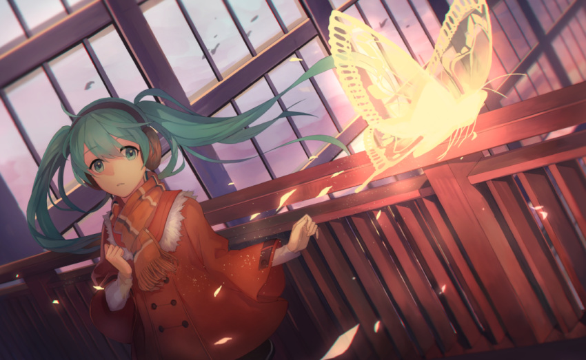 aqua_eyes aqua_hair butterfly earmuffs fence hatsune_miku interior iwato1712 jacket long_hair orange_jacket scarf twintails very_long_hair vocaloid window