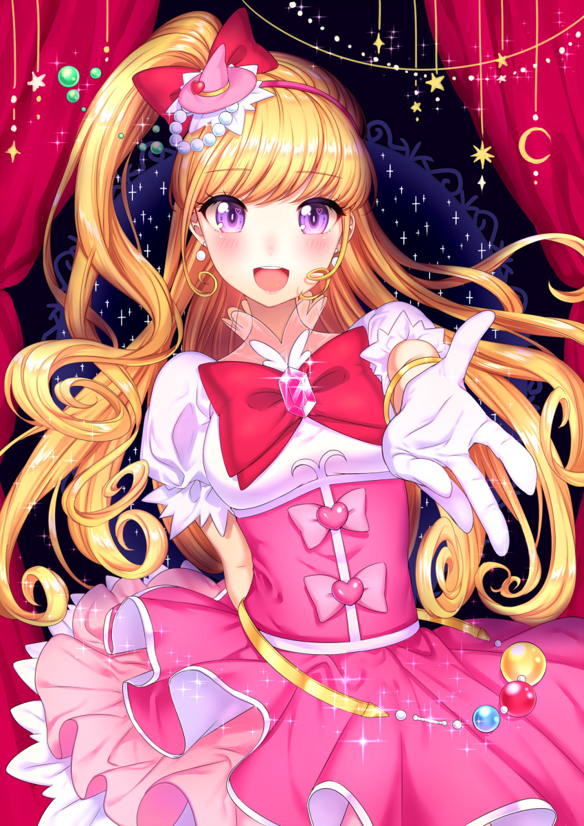 1girl :d asahina_mirai blonde_hair blush bow cowboy_shot cure_miracle earrings gem gloves hair_bow half_updo hat highres jewelry long_hair looking_at_viewer magical_girl mahou_girls_precure! mini_hat mini_witch_hat open_mouth pink_bow pink_hat pink_skirt ponytail precure red_bow skirt smile solo umeno_(shio1205) violet_eyes white_gloves witch_hat