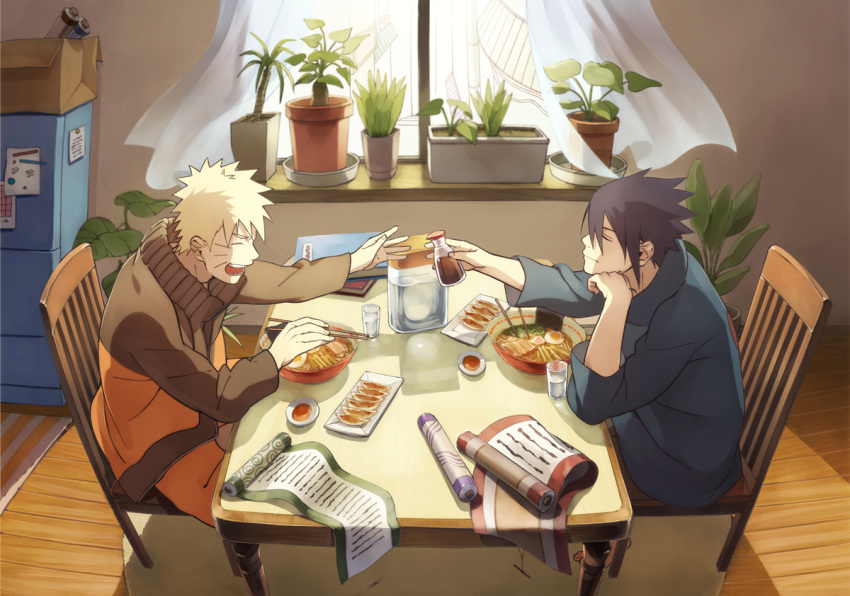 2boys arm_support barefoot black_hair blonde_hair book bowl box cardboard_box chair chin_rest chopsticks closed_eyes cup curtains dining_room dumpling egg facial_mark flower_pot food indoors jacket jiaozi male_focus meat multiple_boys naruto noodles oba-min open_mouth plant plate ramen rug sauce scroll sitting smile soy_sauce spiky_hair table uchiha_sasuke uzumaki_naruto water whisker_markings window