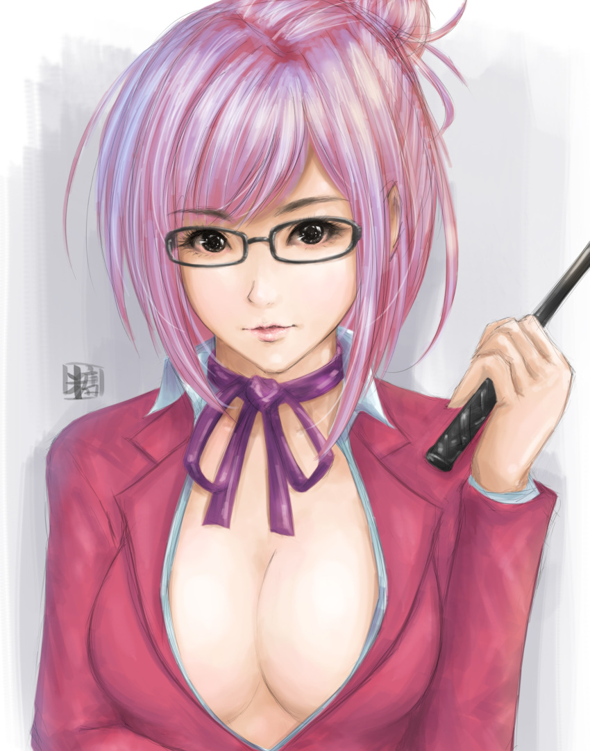 1girl absurdres breasts brown_eyes cleavage collared_shirt commentary glasses hair_bun highres large_breasts lips looking_at_viewer neck_ribbon open_clothes parted_lips pink_hair prison_school ribbon school_uniform shiraki_meiko shirt solo sweetsoupman upper_body whip