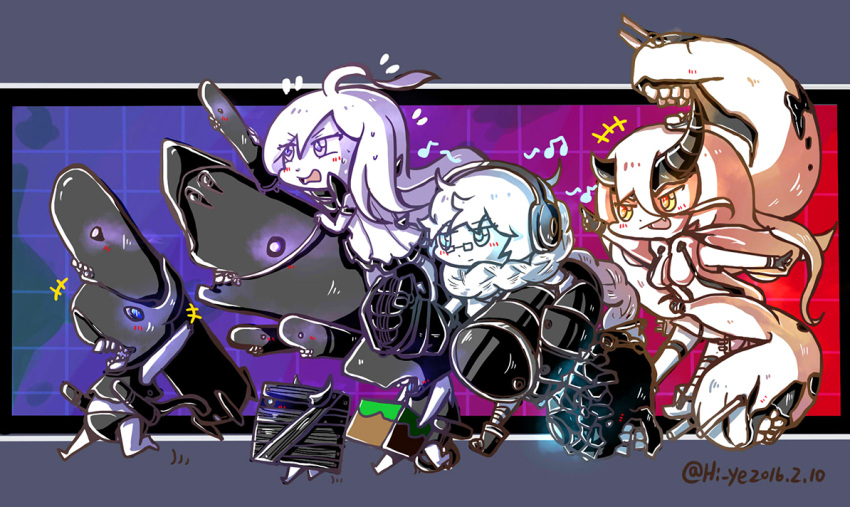 6+girls absurdly_long_hair artist_name baby barrel blue_eyes blush boots breasts chibi cleavage commentary_request crate dress fang flying_sweatdrops giant_hand glasses gloves headphones hi_ye horns kantai_collection long_hair mechanical_arm mechanical_arms monster_girl multiple_girls musical_note pt_imp_group shinkaisei-kan short_dress size_difference submarine_hime teeth twitter_username very_long_hair violet_eyes white_hair yellow_eyes