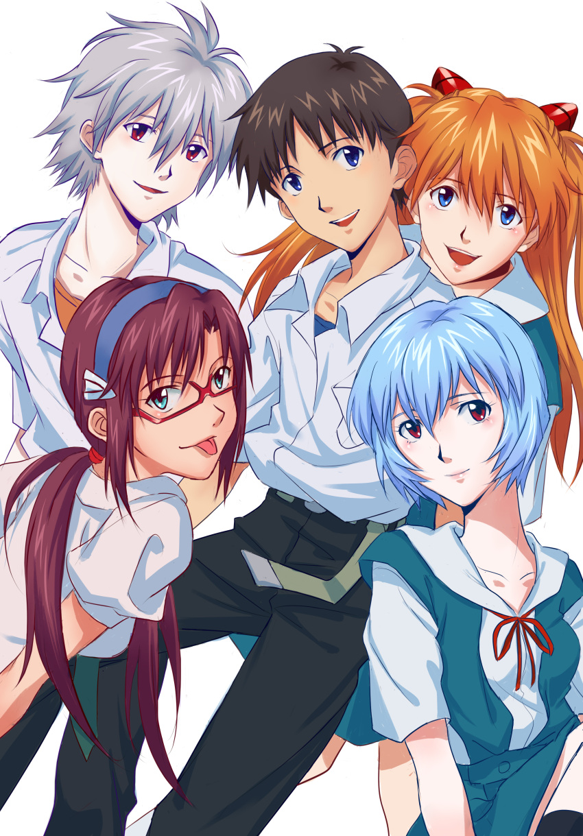 2boys 3girls absurdres ayanami_rei blue_eyes blue_hair brown_hair fcc glasses grey_hair hair_ornament hairband highres ikari_shinji long_hair looking_at_viewer makinami_mari_illustrious multiple_boys multiple_girls nagisa_kaworu neon_genesis_evangelion orange_hair rebuild_of_evangelion red_eyes school_uniform short_hair smile souryuu_asuka_langley tongue tongue_out twintails