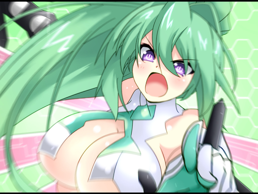 blush breasts cleavage close-up green_hair green_heart large_breasts long_hair looking_at_viewer neptune_(series) open_mouth ponytail solo symbol-shaped_pupils vert violet_eyes warabi_mochi_(ehimedaisuki) wings