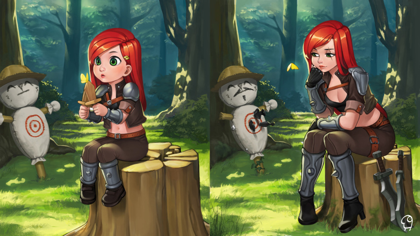 belt bling_(wnsdud34) breasts butterfly child chin_rest cleavage cropped_jacket fingerless_gloves gloves green_eyes hat highres katarina_du_couteau kunai league_of_legends lips long_hair midriff outdoors redhead shoulder_pads sitting sword thigh_strap tree_stump weapon younger