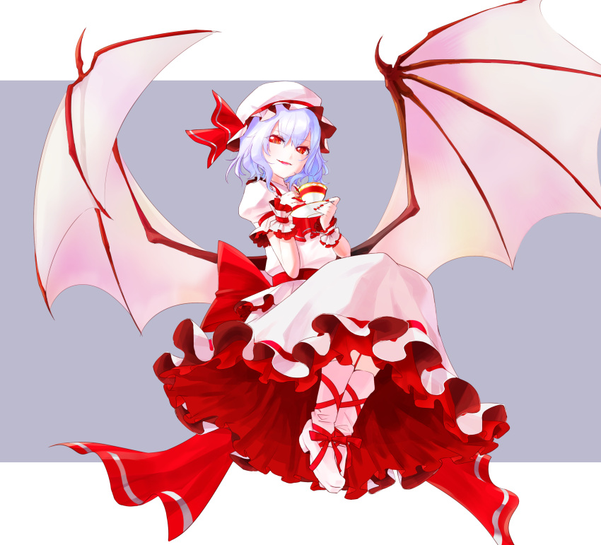 1girl absurdres bat_wings blue_hair cup dish frills full_body hat hat_ribbon highres looking_at_viewer mappe_(artist) mob_cap nail_polish open_mouth puffy_sleeves red_eyes remilia_scarlet ribbon sash shirt shoes short_hair short_sleeves skirt skirt_set smile solo teacup touhou wings wrist_cuffs