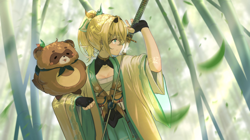 1girl animal_on_arm arm_up bamboo bamboo_forest bangs black_gloves blonde_hair blue_eyes blue_skirt chest_sarashi commentary_request fingerless_gloves forest gloves haori highres holding holding_sword holding_weapon hololive japanese_clothes kazama_iroha leaf long_sleeves looking_away looking_to_the_side nature outdoors parted_lips ponytail sarashi sheath short_hair skirt solo sword unsheathing virtual_youtuber weapon weapon_on_back yoruillust