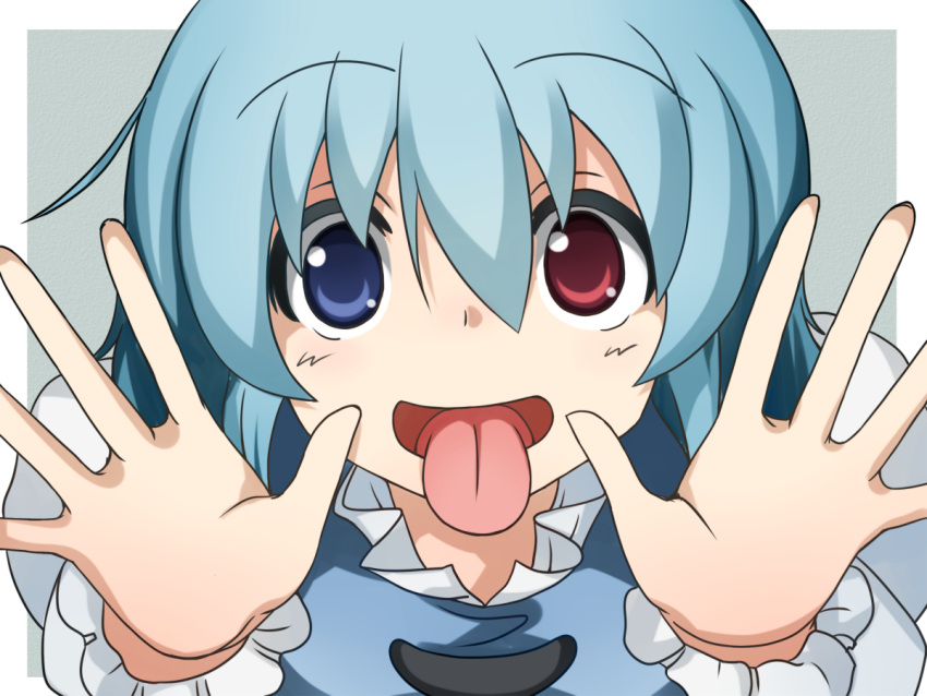 1girl blue_eyes blue_hair closed_eyes gia_(abab0707) hair_between_eyes heterochromia iei juliet_sleeves long_sleeves open_mouth outstretched_hand puffy_sleeves red_eyes short_hair tatara_kogasa tongue tongue_out touhou