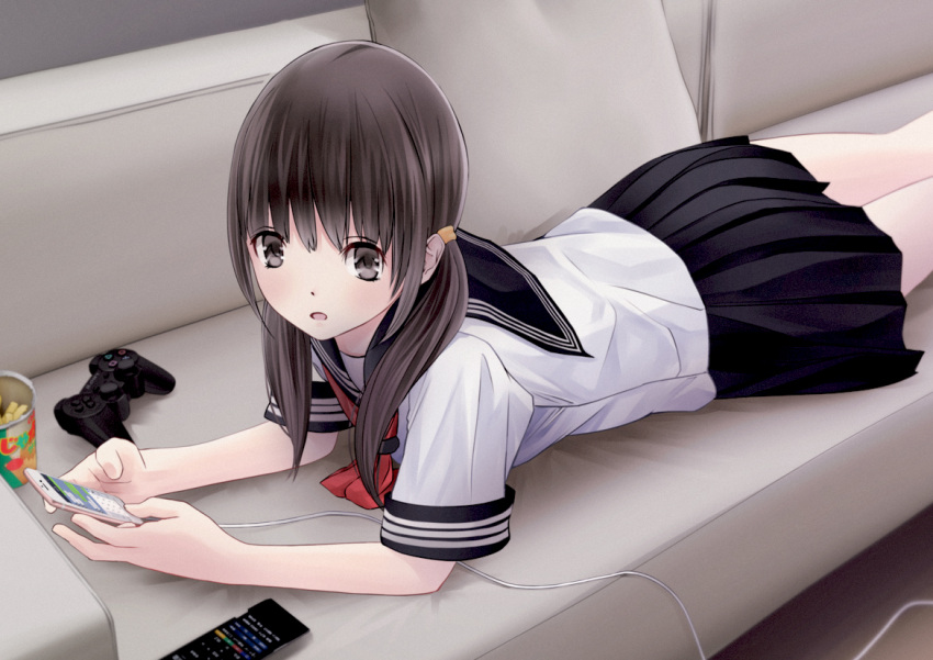 1girl bangs black_eyes black_hair black_skirt cable can cellphone chikuwa_(glossymmmk) chips commentary_request controller couch cushion dualshock dutch_angle eyebrows_visible_through_hair food game_controller gamepad holding holding_cellphone holding_phone indoors long_hair looking_to_the_side lying neckerchief on_couch on_stomach open_mouth original phone pleated_skirt remote_control revision school_uniform serafuku short_sleeves skirt smartphone solo twintails