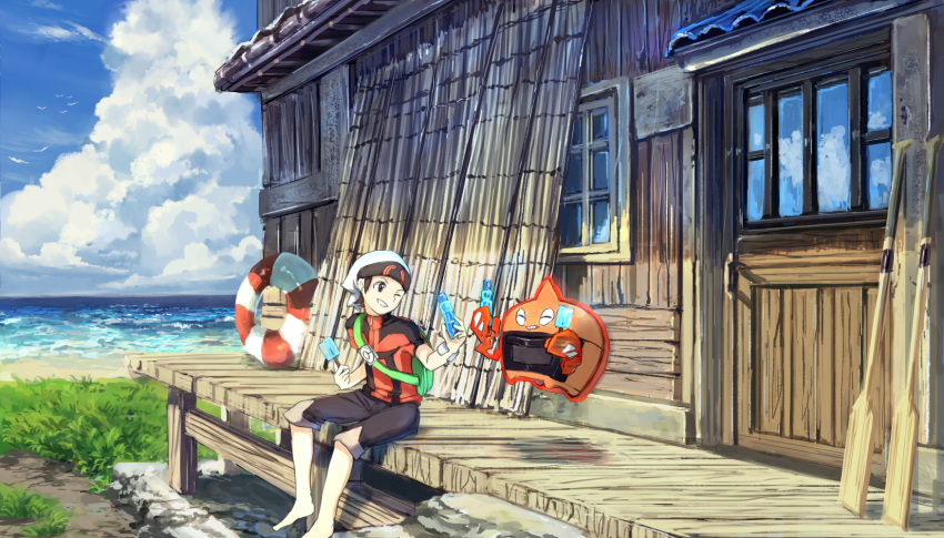1boy backpack bag barefoot beach blue_sky bottle brown_hair building character_name closed_eyes clouds door floating food grass hat highres holding_bottle ice_cream lifebuoy ocean one_eye_closed outdoors pippi_(pixiv_1922055) pokemon pokemon_(creature) ramune rotom rowing short_sleeves shorts sitting sky smile tagme water window