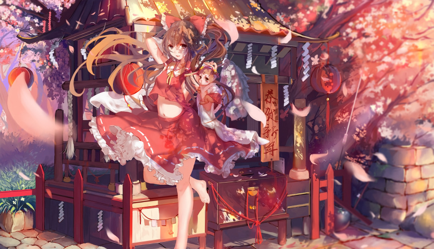 1girl arched_back arm_behind_head barefoot bell blurry bow box brown_eyes brown_hair cherry_blossoms dappled_sunlight day depth_of_field detached_sleeves donation_box forest frilled_bow frilled_skirt frills gradient_hair grass hair_bell hair_bow hair_ornament hair_tubes hakurei_reimu highres hips lantern leg_up legs long_hair looking_at_viewer midriff miko_ari monkey multicolored_hair nature no_bra paper_lantern parted_lips petals red_shirt red_skirt ribbon ribbon-trimmed_skirt rope shimenawa shirt shrine skirt sleeveless sleeveless_shirt small_breasts smile solo stone_walkway stone_wall sunlight toes touhou tree wall wide_sleeves wind