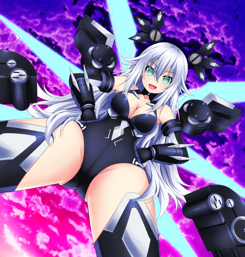 1girl bare_shoulders black_heart blue_eyes breasts cleavage dutch_angle evening from_below highres long_hair looking_at_viewer looking_down neptune_(series) noire oekakizuki sky solo sunset symbol-shaped_pupils very_long_hair white_hair wings