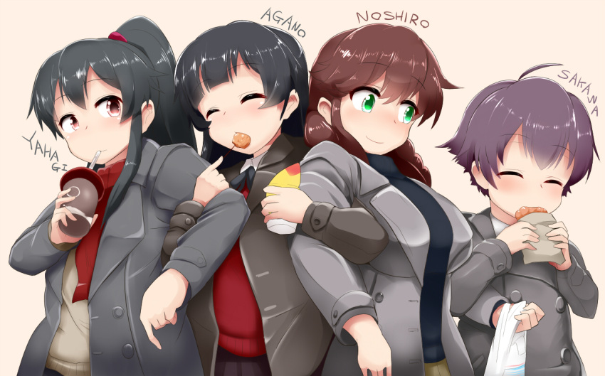 4girls agano_(kantai_collection) ahoge alternate_costume black_hair blush braid breasts brown_eyes brown_hair cardigan character_name closed_eyes coat croquette cup drinking eating green_eyes kantai_collection large_breasts locked_arms long_hair mizuyan multiple_girls noshiro_(kantai_collection) ponytail purple_hair sakawa_(kantai_collection) scarf short_hair smile straw sweater toothpick twin_braids yahagi_(kantai_collection)