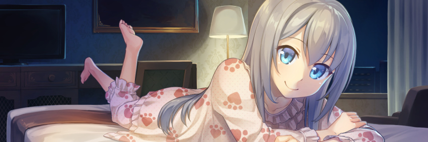 1girl barefoot bed blue_eyes collarbone curtains lamp lampshade long_hair lying night on_stomach original pajamas shinonome_haru silver_hair smile solo television window