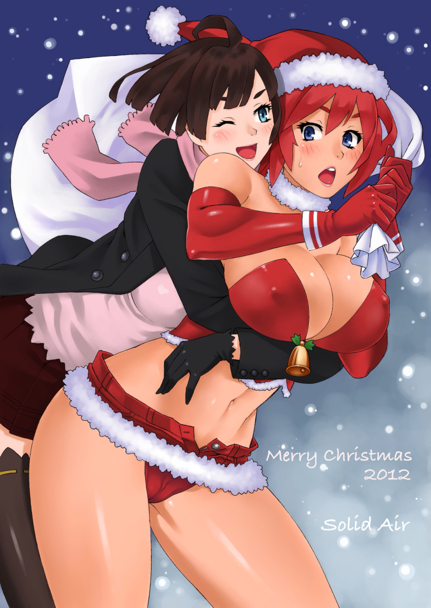 2012 2girls :d artist_name bare_shoulders bell blue_eyes blush breasts christmas cleavage covered_nipples elbow_gloves gloves hat highres hug hug_from_behind merry_christmas multiple_girls navel open_mouth original red_gloves revealing_clothes sack santa_costume santa_hat scarf short_hair smile snowing solid_air