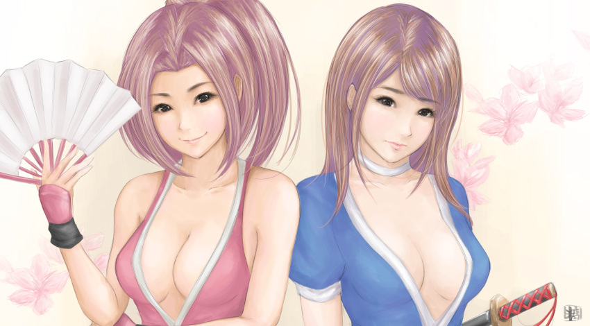 2girls absurdres beige_background breasts brown_eyes brown_hair choker cleavage closed_fan collarbone crossover dead_or_alive fan fatal_fury folding_fan gradient gradient_background highres kasumi_(doa) katana large_breasts looking_at_viewer multiple_girls ninja no_bra ponytail puffy_short_sleeves puffy_sleeves shiranui_mai short_sleeves smile sweetsoupman sword the_king_of_fighters upper_body weapon