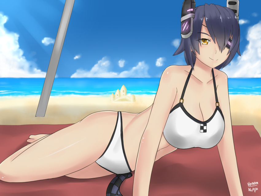 1girl artist_name beach bikini breasts cleavage eyepatch headgear highres kantai_collection large_breasts looking_at_viewer nuypiya_hehasuk purple_hair sand_castle sand_sculpture short_hair smile solo swimsuit tenryuu_(kantai_collection) white_bikini yellow_eyes