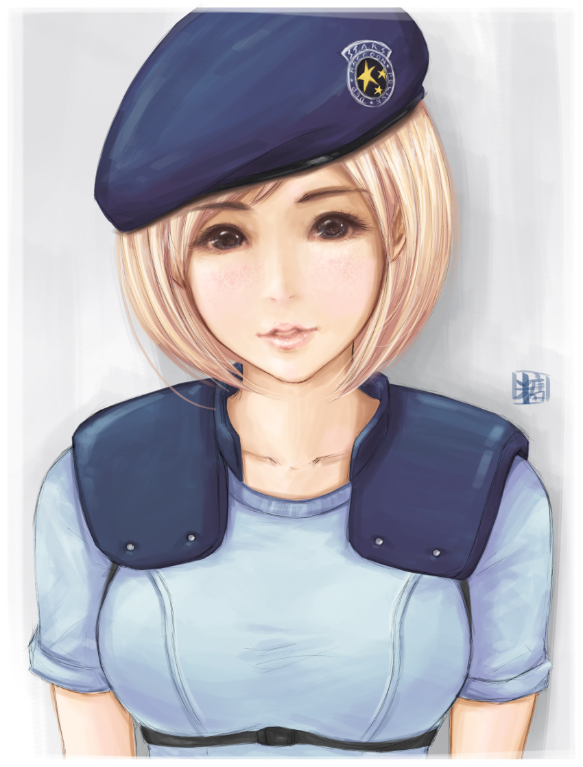 1girl beret blonde_hair blue_eyes breasts hat highres jill_valentine light_smile lips looking_at_viewer parted_lips resident_evil short_hair short_sleeves solo sweetsoupman upper_body