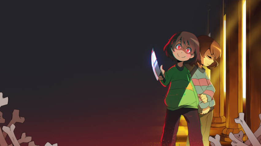 androgynous bone brown_hair chara_(undertale) chromatic_aberration closed_eyes dagger dark_background frisk_(undertale) glint glitch highres holding_arm knife long_sleeves melissa_yabumoto pants pillar red_eyes shirt simple_background smile spoilers standing striped striped_shirt sunlight sweater undertale weapon