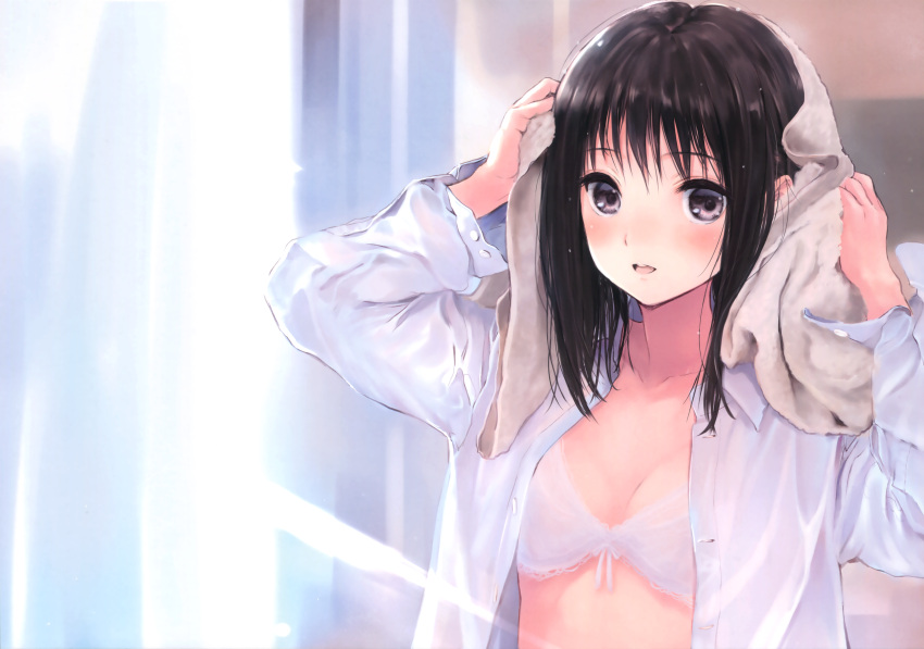 1girl absurdres black_eyes black_hair blush bra breasts cleavage fujita_hidetoshi highres long_hair looking_at_viewer open_clothes open_mouth open_shirt original scan shirt smile solo towel underwear white_bra